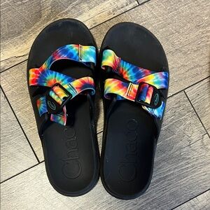 Chaco Black Sandals with Rainbow Tie-Dye Straps